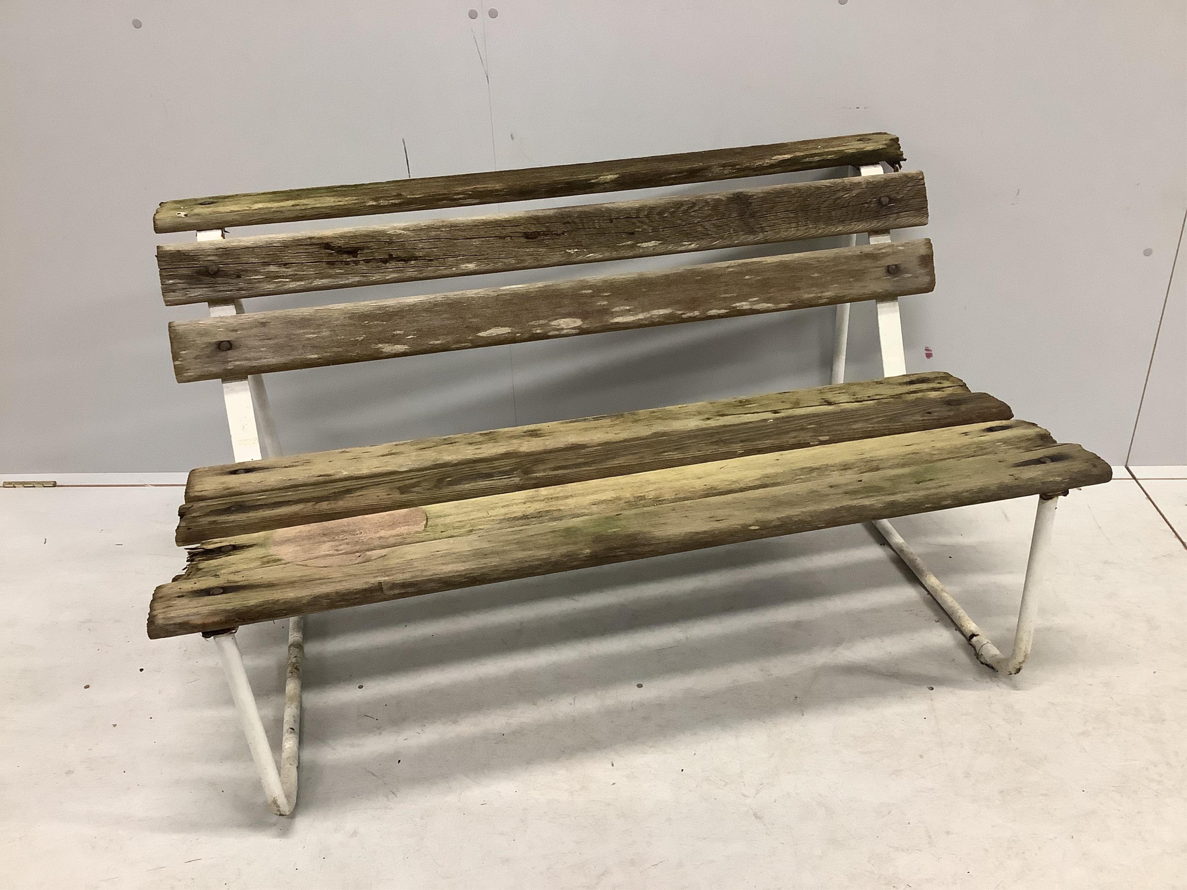 A pair of wooden slatted aluminium garden benches, width 122cm, depth 70cm, height 68cm. Condition - poor